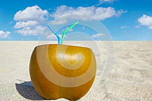 Coconut drink with 2 straws on a tropical beach