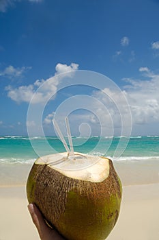 Coconut drink and exotic beach
