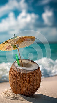 Coconut Drink With Umbrella on Beach