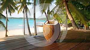 Coconut Drink On A Wooden Table Backdrop Of The Bergue Thailand Cafe. Generative AI