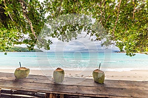 Coconut drinks on a wooden table by the sea in Anse Lazio