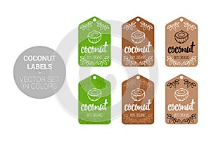 Coconut Eco labels vector set in green and brown colors.