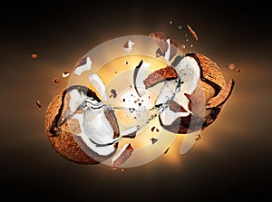 Coconut explodes into pieces in the dark