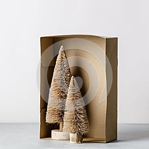 Coconut fiber Christmas trees in a box, zero waste concept