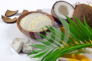 Coconut flakes in a bowl, coconuts and palm tree branch