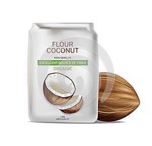 Coconut flour vector realistic package. Product placement mock up detailed label designs