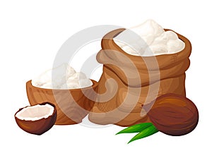 Coconut flour in wooden bowl with seeds. Healthy gluten free food. Powde in organic product. Vector illustration