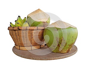 Coconut Fruit and Banana on wooden tray