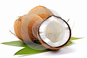 Coconut fruit slice half with green leaves isolated on white background.