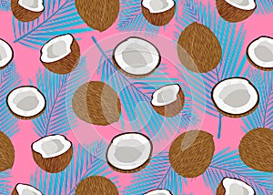 Coconut fruits seamless pattern whole and piece with blue palm leaves on pink background. Summer background.