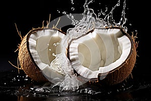 Coconut halves in water with a splash on a black background. Generated by artificial intelligence