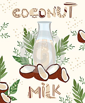 Coconut healthful organic, lactose-free milk in bottle glass. Milk for vegetarians. Non dairy, plant based beverages