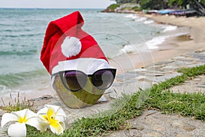 Coconut Holiday with glasses and Santa Claus hat, concept Christmas on the beach Tropical design made in Thailand