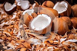 coconut husks in a pile, byproduct of production