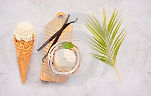 Coconut ice cream flavours in half of coconut setup on white stone background. Summer and Sweet menu concept