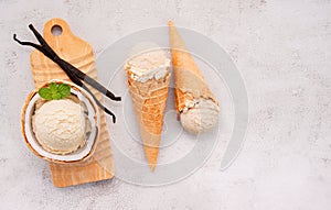 Coconut ice cream flavours in half of coconut setup on white stone background. Summer and Sweet menu concept