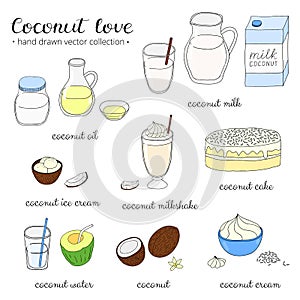 Coconut love set isolated on white background.