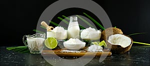Coconut milk, cream, yoghurt, flour, shredded desiccated coconut and oil. photo