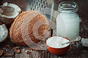 Coconut milk, grounded coconut flakes, coco nut and grater