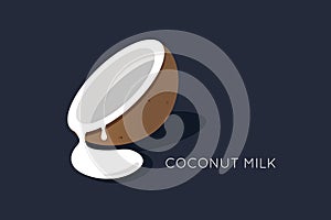 Coconut milk logo. Half of the coconut with flowing milk. isolated coco icon