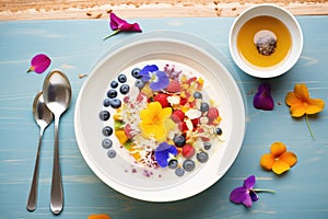 coconut milk porridge with a colorful berry medley on top