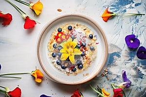 coconut milk porridge with a colorful berry medley on top