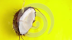 Coconut milk pouring, dripping coconut water, drops of coconuts oil over yellow background. Cracked fresh coconut with