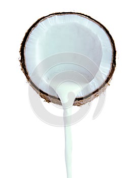 Coconut milk pouring out of coconut fruit front view isolated on white background, Suitable as a packaging design element