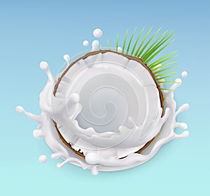 Coconut and milk splash. Fruit and yogurt. 3d vector icon