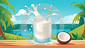 Coconut milk splash in a glass on the beach.