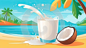 Coconut milk splash in a glass on the beach.