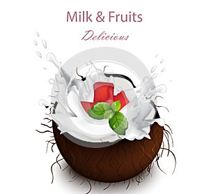 Coconut milk splash Vector. Delicious natural drink