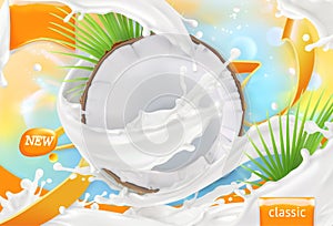 Coconut milk. White cream splash. 3d vector