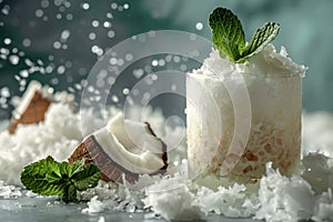 a coconut mojito, with muddled mint leaves, coconut rum, and coconut cream, served over crushed ice