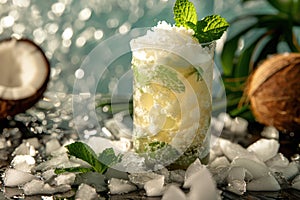 a coconut mojito, with muddled mint leaves, coconut rum, and coconut cream, served over crushed ice