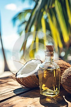 Coconut oil bottle with whole and halved fresh coconuts on a wooden table with a tropical beach and palm trees