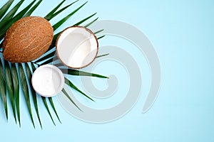 Coconut oil cream with tropical palm leaf on blue background. Flat lay, top view. SPA natural organic cosmetic moisturizer for