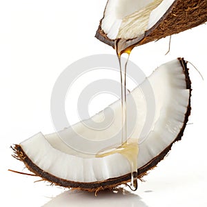 Coconut oil falling from coconut slice isolated on white background photo