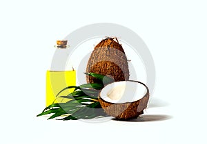 Coconut oil and fresh coconuts . Creative layout made of coconuts and leaves on white background.