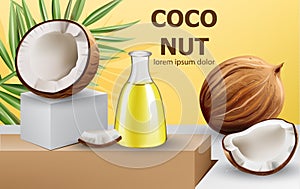 Coconut oil fresh organic product. Whole and cracked coconuts on podium. Realistic. 3D mockup product placement. Place