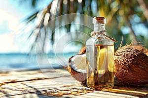 Coconut oil in a glass bottle with whole and halved fresh coconuts on a wooden table with a tropical beach and palm