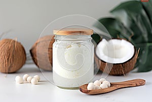 Coconut oil in glass jar and coconuts with green palm tree leaf on white background