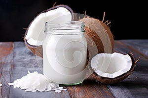 coconut oil in a glass jar with a stack of fresh coconuts in the background