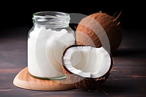 coconut oil jar near a split coconut shell