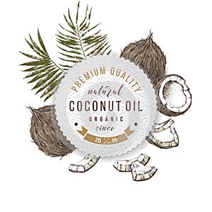 Coconut oil label with type design over hand drawn coconuts and leaves