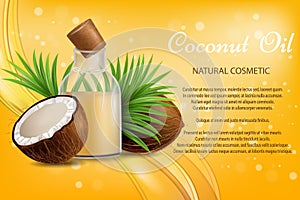 Coconut oil natural cosmetic, vector advertising poster template