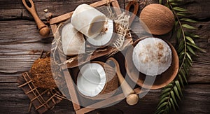 Coconut oil, natural handmade coco soap and fresh coconuts on wooden background top view. Spa body care concept