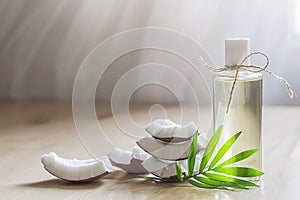 coconut oil and pieces of coconut with tropical branch on the table.