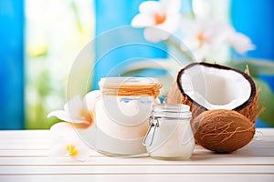 coconut oil scrub in a jar with fresh coconuts nearby