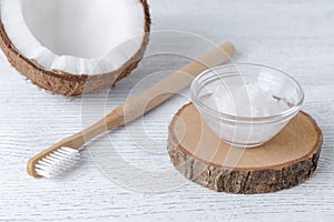 Coconut oil toothpaste, natural alternative for healthy teeth, wooden toothbrush